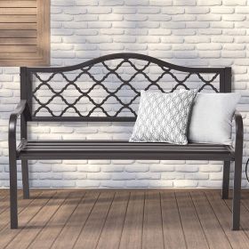 50" Outdoor Patio Bench, Cast Iron 2-Person Metal Bench with Basket-Weave Design Backrest, Patio Furniture Chair for Porch Park Garden, Dark Brown