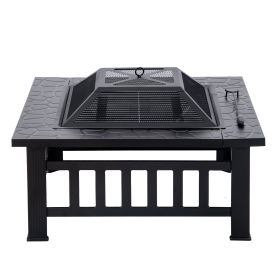 U-style Outdoor Metal Wood Burning Square Fire Pit with Spark Screen, Log Poker and Cover RT