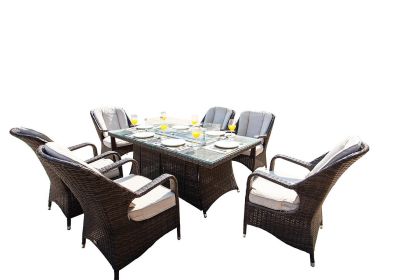 Turnbury Outdoor 7 Piece Patio Wicker Gas Fire Pit Set Rectangular Table With Arm Chairs by Direct Wicker