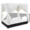 Outdoor Lounge Bed with Curtains Poly Rattan Black